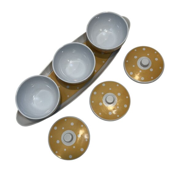 Yellow & White Polka Dot Condiment Set With 3 Lidded Bowls & Tray - Picture 4 of 11